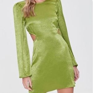 Chartreuse Satin Backless Long Sleeve Dress with Cutouts and Bow Details